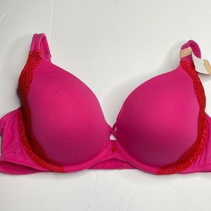 42D hot pink lace trim cotton boost plunge bra NWT Lane Bryant push up bra 42 D